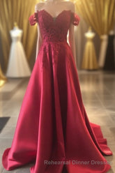 Hunter Green Lace Off-the-Shoulder A-Line Long Semi Formal Prom Dress